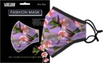 Art print cotton face mask with hummingbirds and pink flowers on lavender