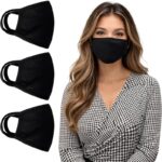 ZOFINA black cotton face masks for adults, 3 pack, worn by a woman