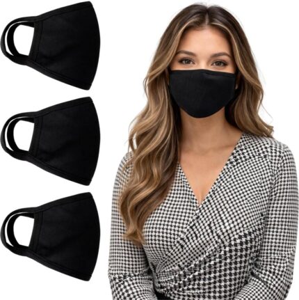 ZOFINA black cotton face masks for adults, 3 pack, worn by a woman