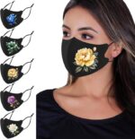 OMG Decor flower print ice silk face masks 5 pack in black with a yellow rose design on a model