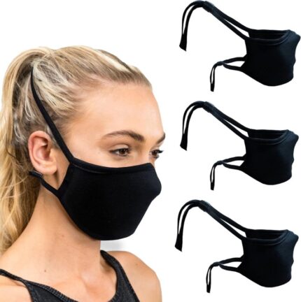 Woman wearing a black over the head cloth face mask with head and neck straps