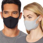 Polyester spandex face mask 3 pack shown on a man in black and a woman in grey