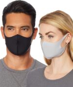 Polyester spandex face mask 3 pack shown on a man in black and a woman in grey