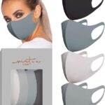 VIRTUE CODE stretchy cloth face mask 4 pack in gray tones with a model and gift box