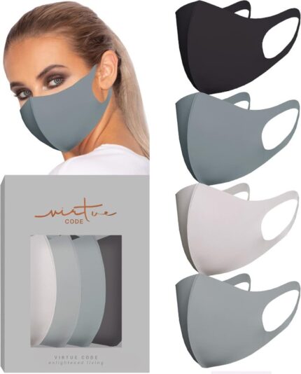VIRTUE CODE stretchy cloth face mask 4 pack in gray tones with a model and gift box