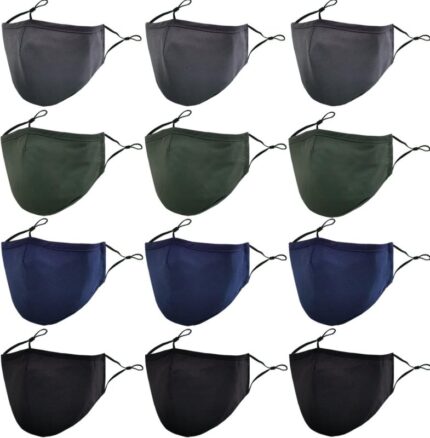 MAZJOYDAY washable cloth face masks 12 pack in gray, green, navy and black