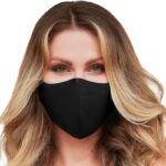 Woman wearing the Mask By Design washable face mask made in USA in solid black